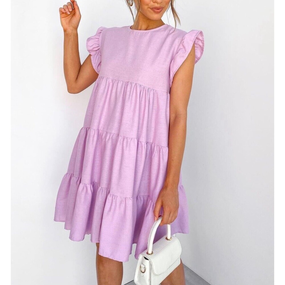 Petal + Pup Mini Doll Dress Women's 8 Baby Pink Linen Cotton Blend Short Tiered